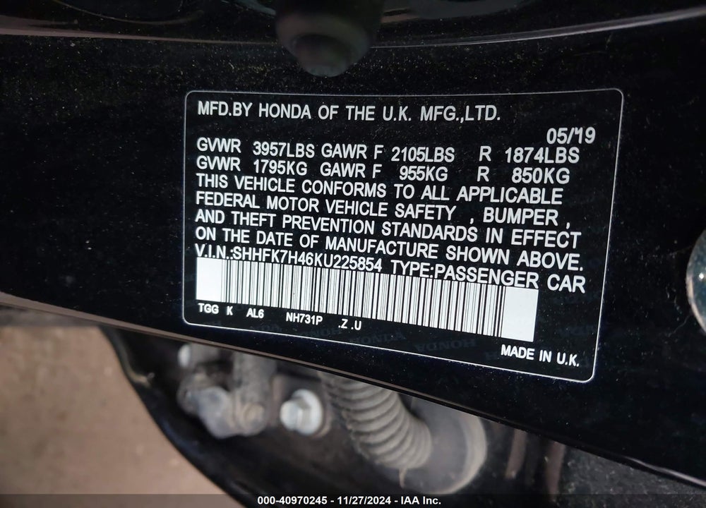 2019 HONDA CIVIC VIN: SHHFK7H46KU225854