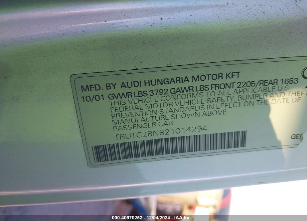 2002 AUDI TT 1.8L VIN: TRUTC28N821014294