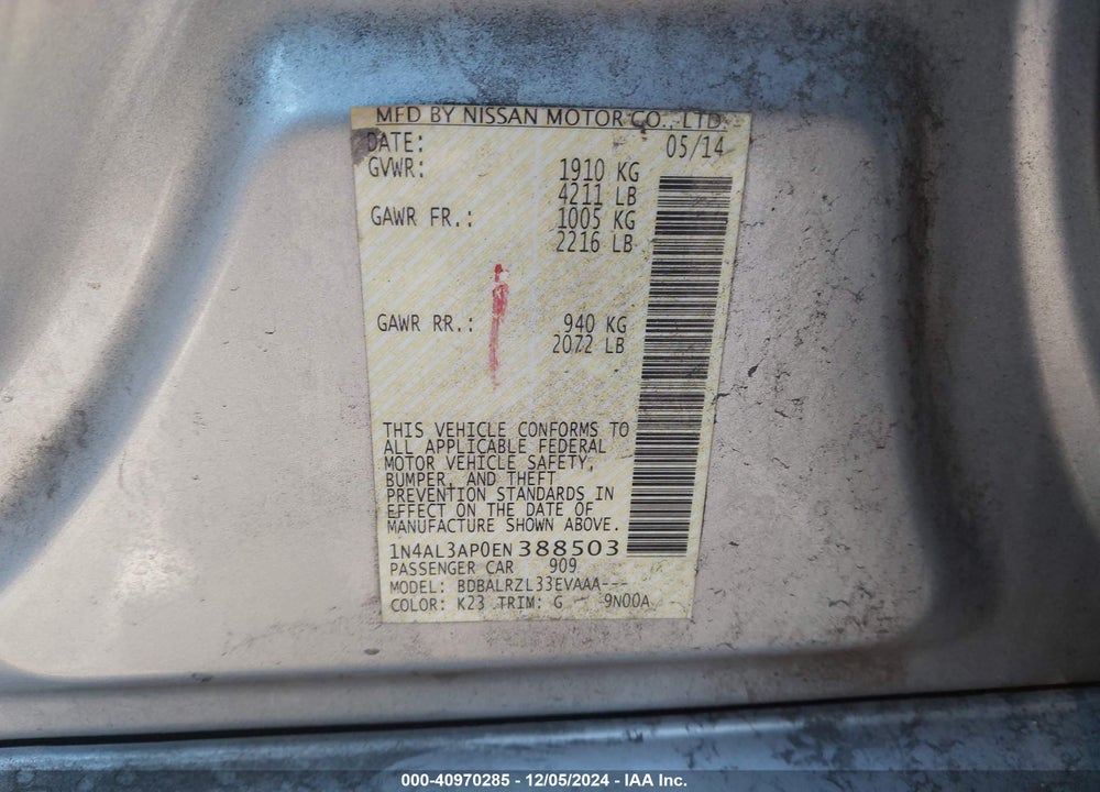 2014 NISSAN ALTIMA 2.5 S VIN: 1N4AL3AP0EN388503