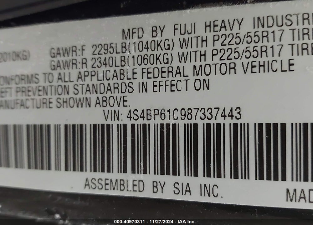 2008 SUBARU OUTBACK 2.5I/2.5I L.L. BEAN EDITION VIN: 4S4BP61C987337443