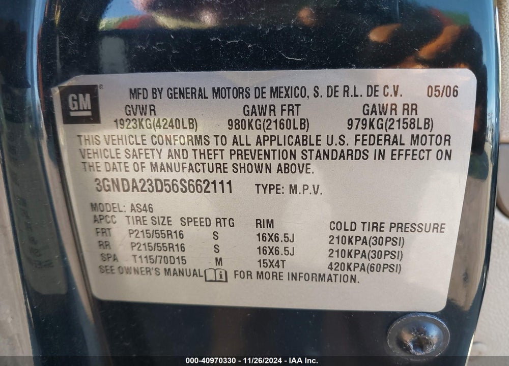 2006 CHEVROLET HHR LT VIN: 3GNDA23D56S662111