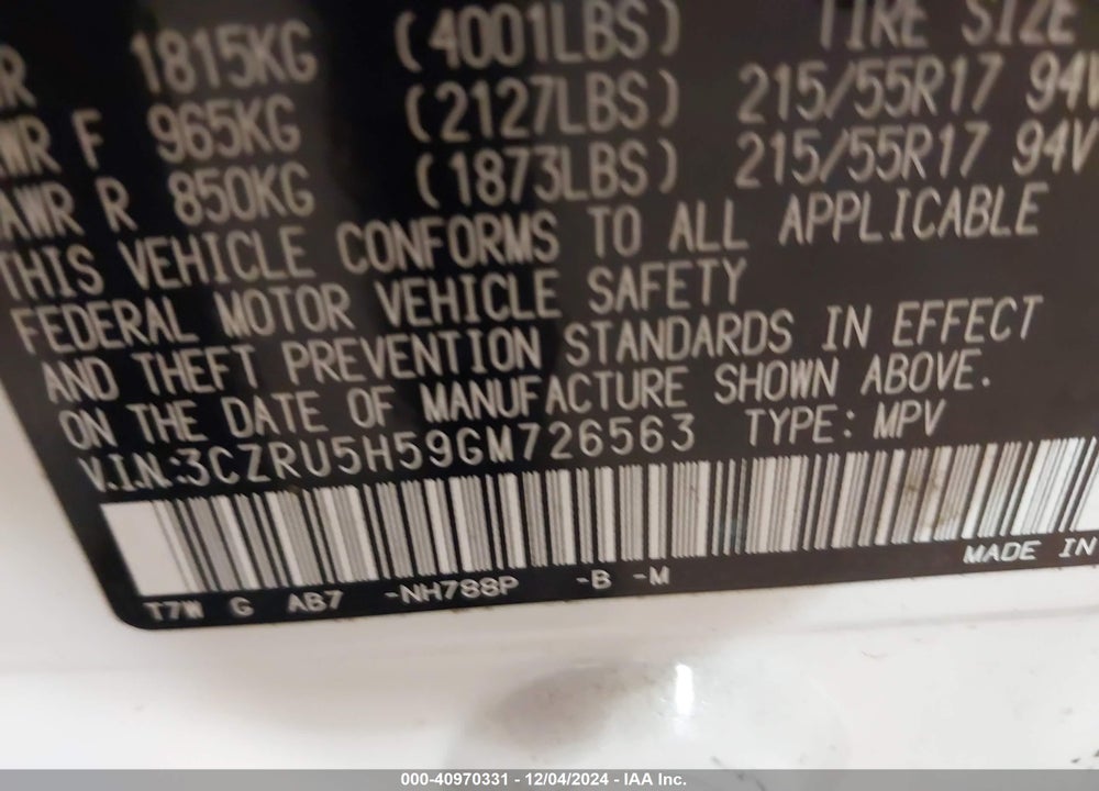2016 HONDA HR-V EX VIN: 3CZRU5H59GM726563