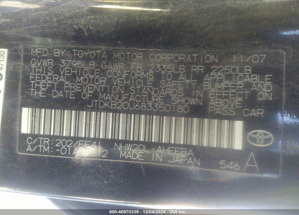 2008 TOYOTA PRIUS VIN: JTDKB20U683350180