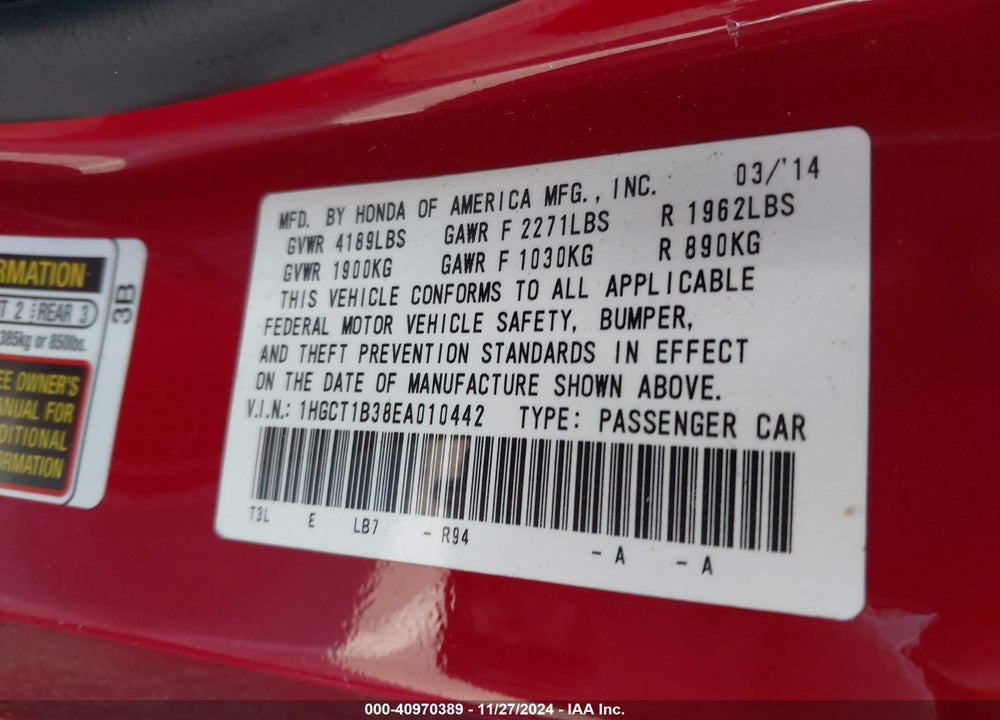 2014 HONDA ACCORD LX-S VIN: 1HGCT1B38EA010442