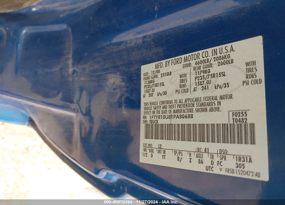 2001 FORD RANGER EDGE/XL/XLT VIN: 1FTYR10U81PA80688