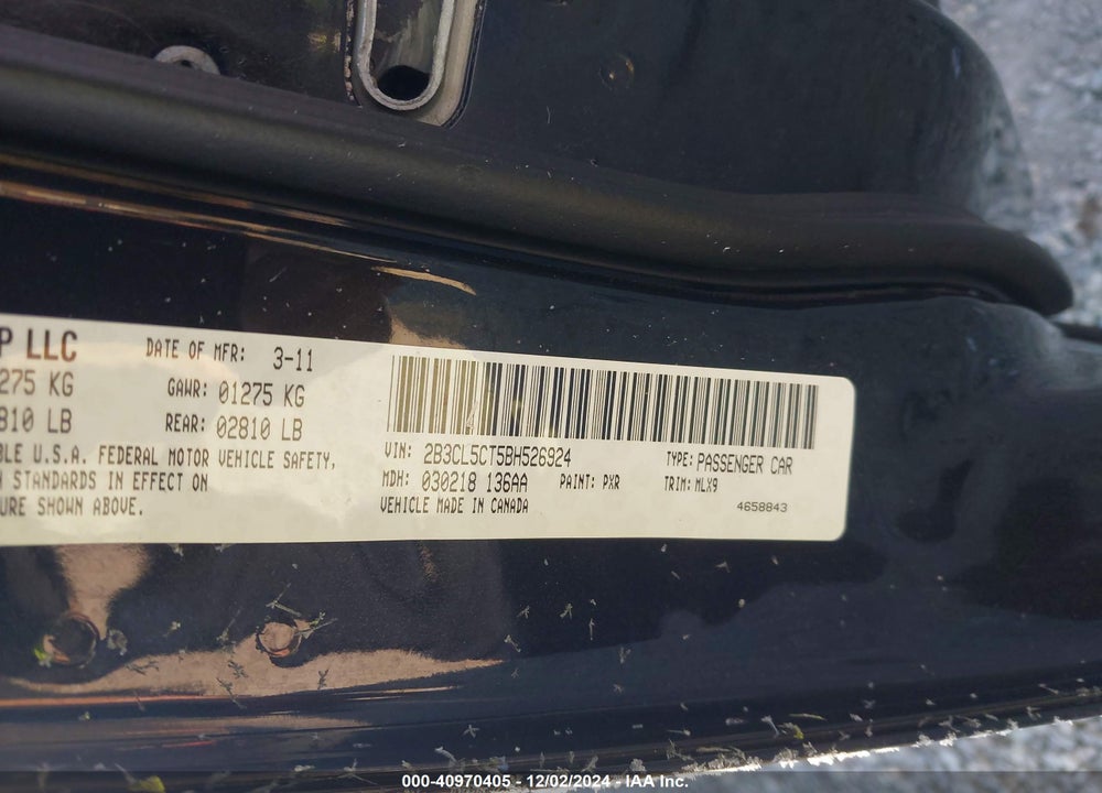 2011 DODGE CHARGER VIN: 2B3CL5CT5BH526924