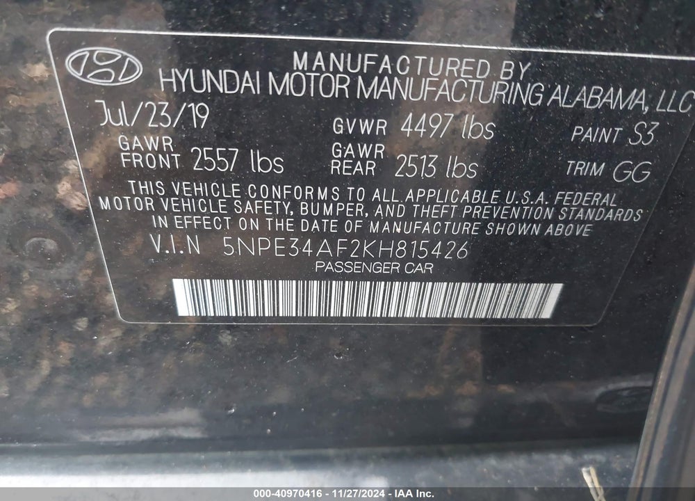 2019 HYUNDAI SONATA SEL VIN: 5NPE34AF2KH815426
