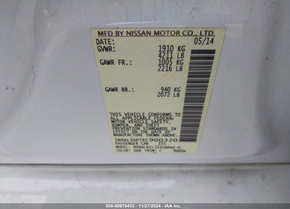 2014 NISSAN ALTIMA 2.5 S VIN: 1N4AL3AP7EC900320