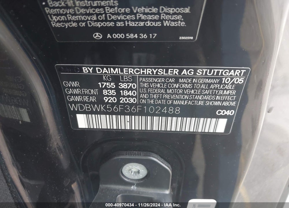 2006 MERCEDES-BENZ SLK 350 VIN: WDBWK56F36F102488