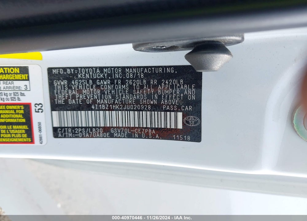 2018 TOYOTA CAMRY XSE V6 VIN: 4T1BZ1HK2JU020928