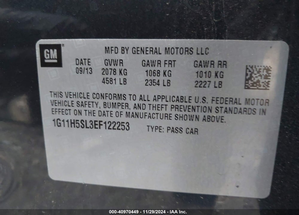 2014 CHEVROLET MALIBU 1LZ VIN: 1G11H5SL3EF122253
