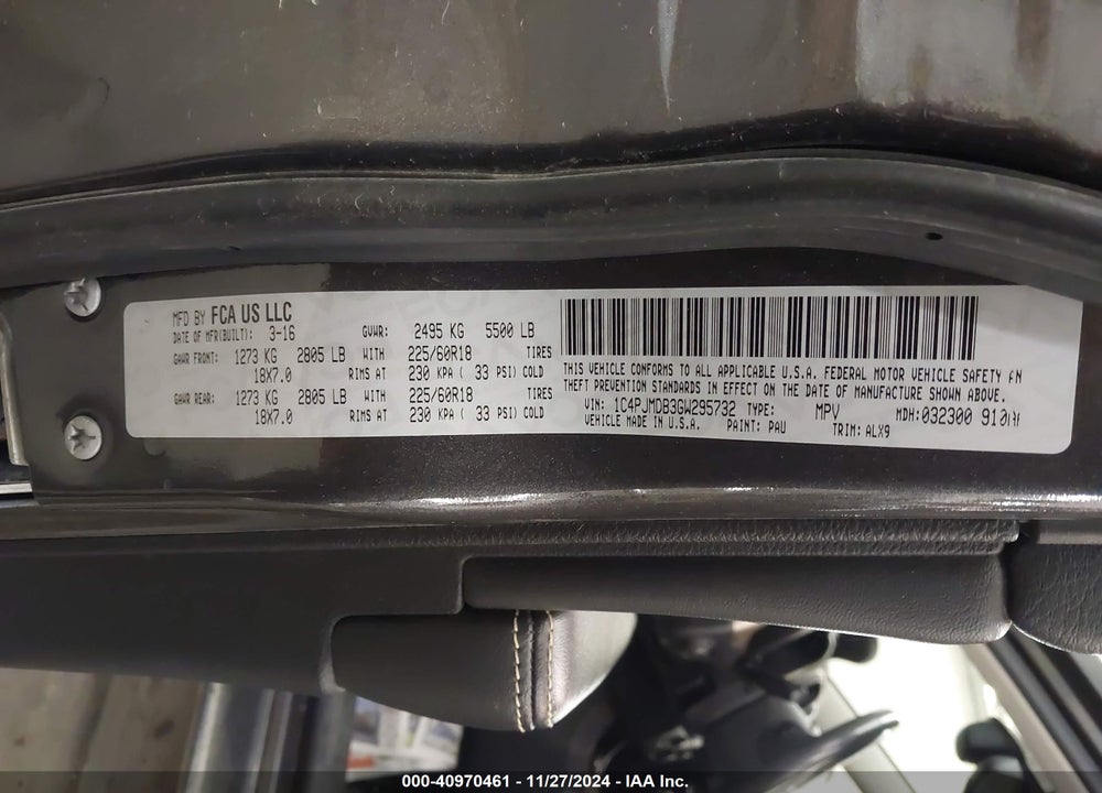2016 JEEP CHEROKEE LIMITED VIN: 1C4PJMDB3GW295732