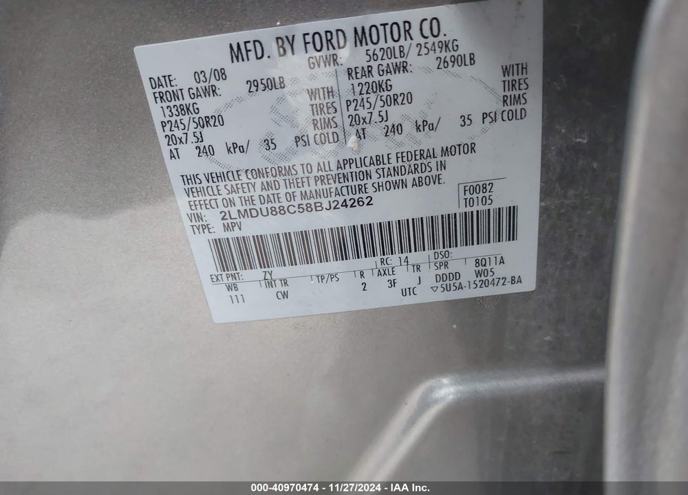 2008 LINCOLN MKX VIN: 2LMDU88C58BJ24262