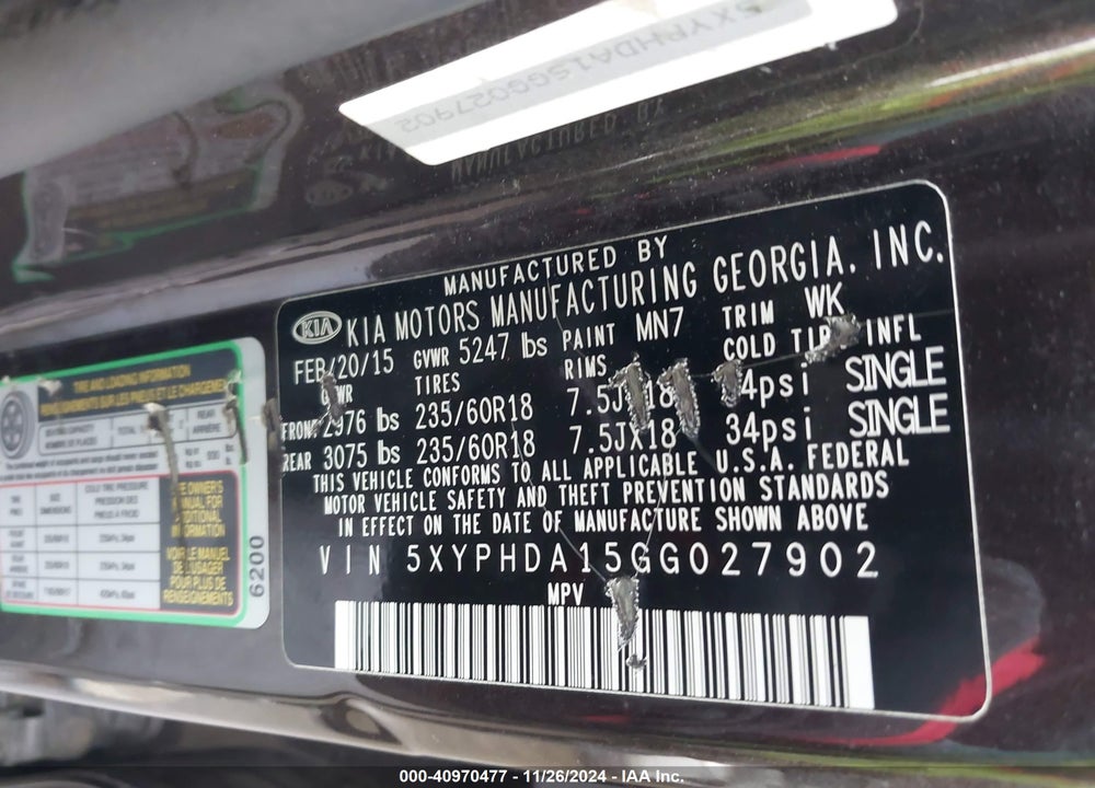 2016 KIA SORENTO 2.0T EX VIN: 5XYPHDA15GG027902