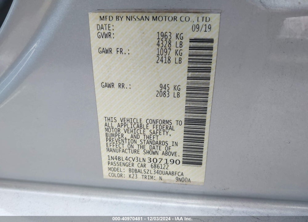 2020 NISSAN ALTIMA SR FWD VIN: 1N4BL4CV3LN307190
