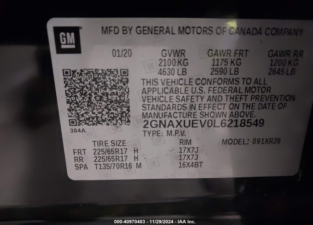 2020 CHEVROLET EQUINOX AWD LT 1.5L TURBO VIN: 2GNAXUEV0L6218549