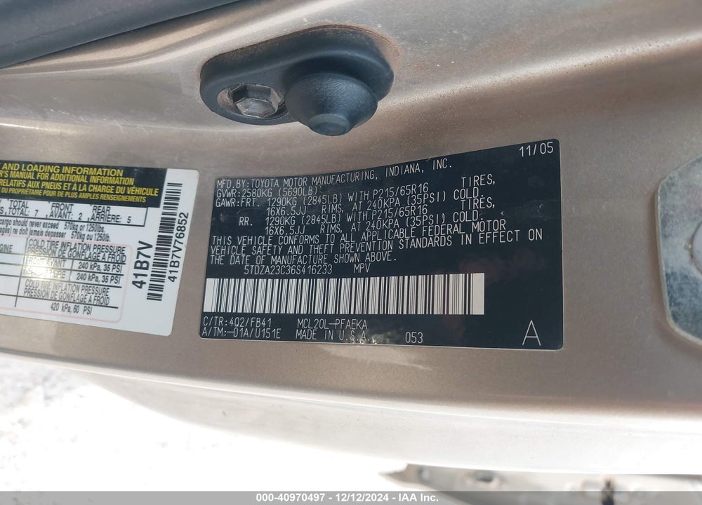 2006 TOYOTA SIENNA CE VIN: 5TDZA23C36S416233