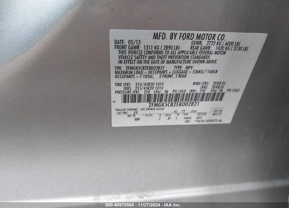 2014 FORD FLEX SEL VIN: 2FMGK5C82EBD02821