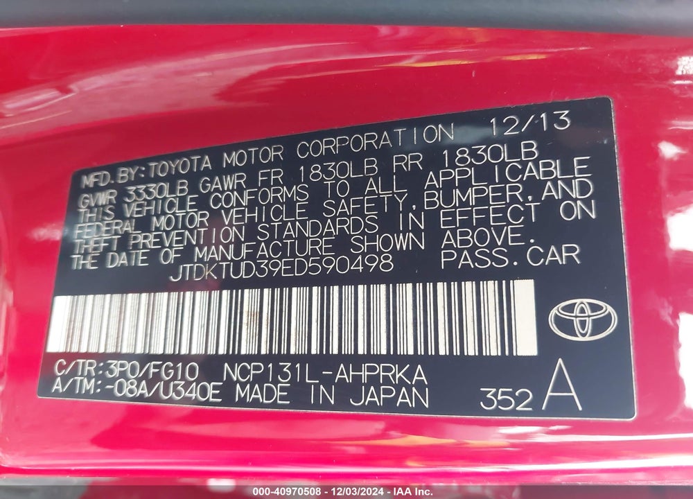 2014 TOYOTA YARIS L (TMC/CBU PLANT)/LE (TMC/CBU PLANT)/SE (TMC/CBU PLANT) VIN: JTDKTUD39ED590498