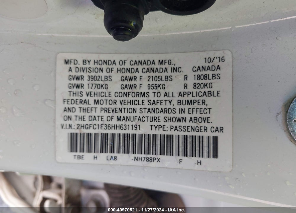 2017 HONDA CIVIC VIN: 2HGFC1F36HH631191