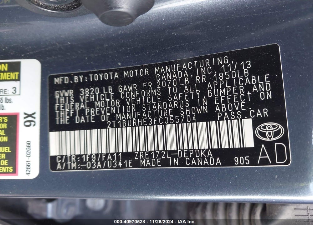 2014 TOYOTA COROLLA L VIN: 2T1BURHE3EC055704