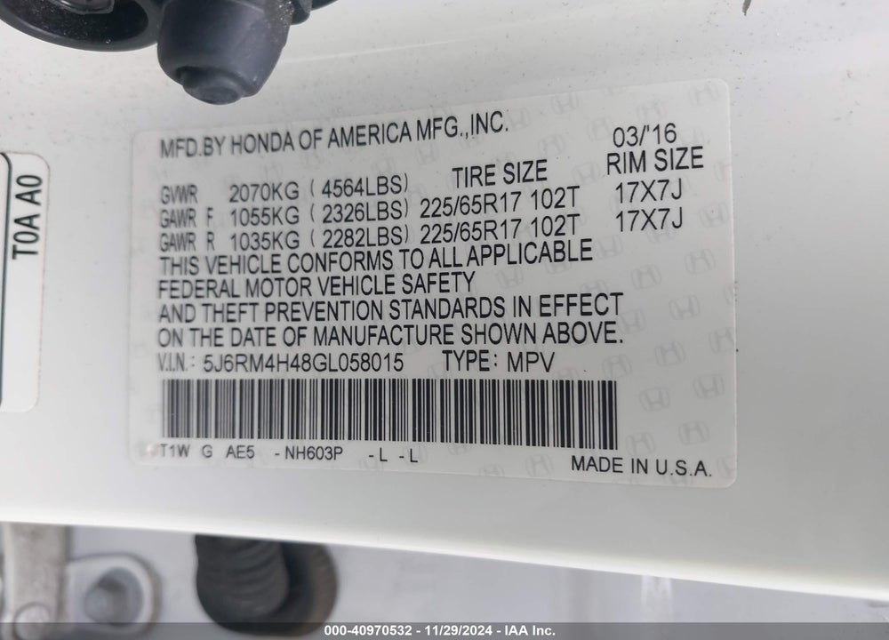 2016 HONDA CR-V SE VIN: 5J6RM4H48GL058015