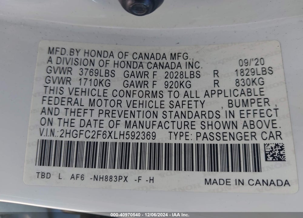 2020 HONDA CIVIC LX VIN: 2HGFC2F6XLH592369