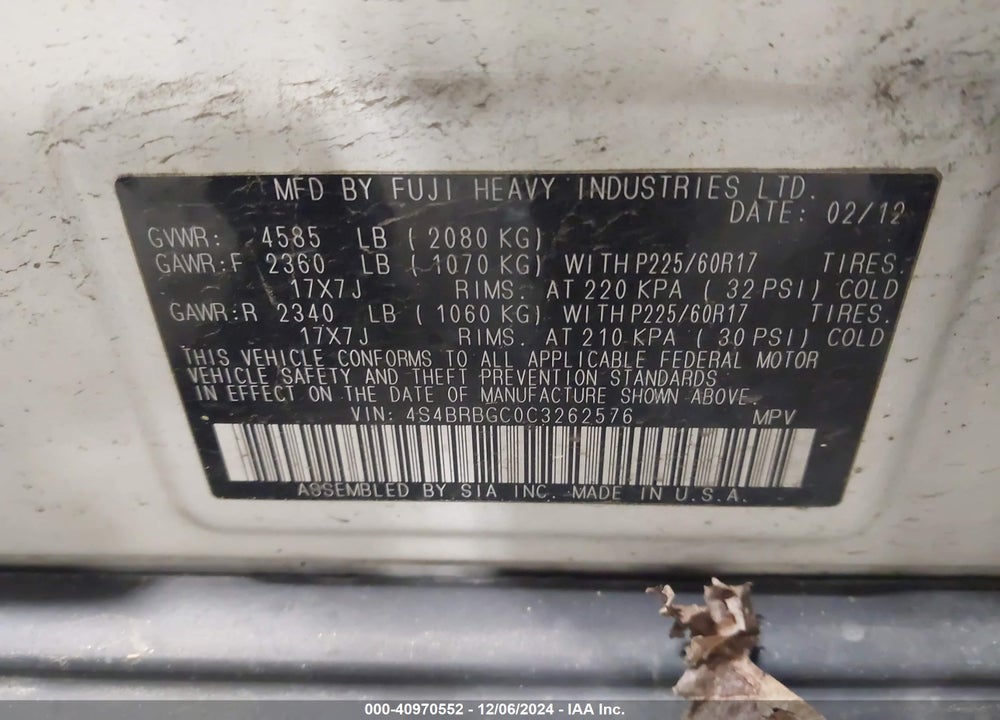 2012 SUBARU OUTBACK 2.5I PREMIUM VIN: 4S4BRBGC0C3262576