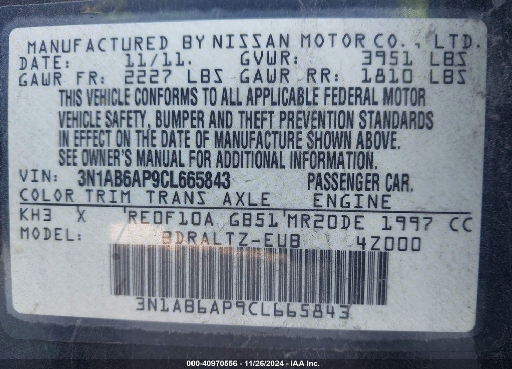 2012 NISSAN SENTRA 2.0 SR VIN: 3N1AB6AP9CL665843