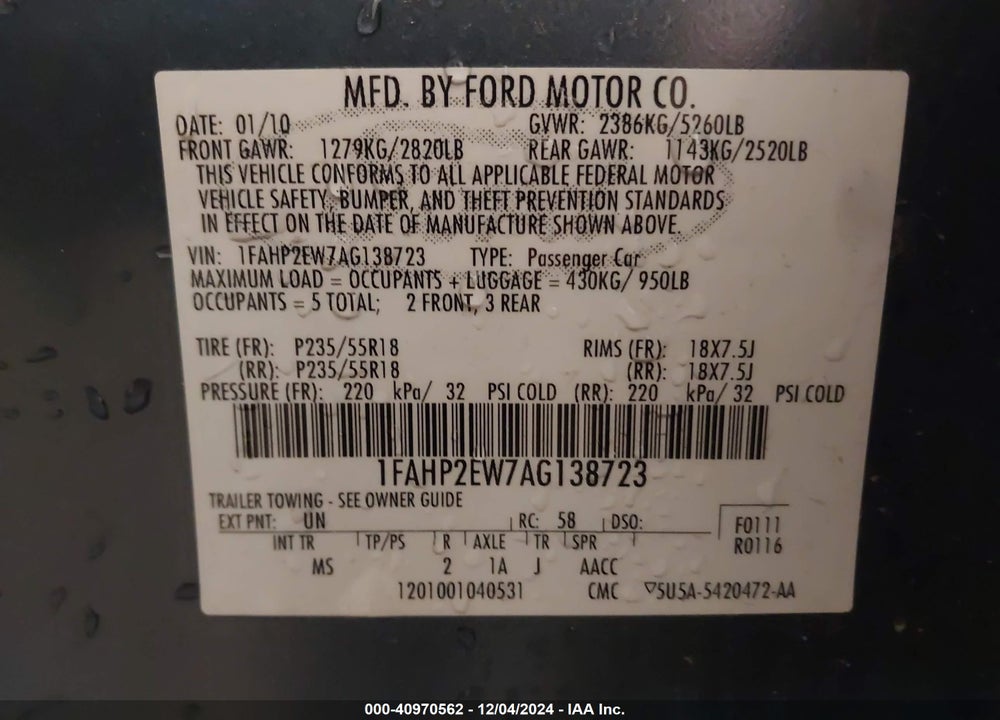 2010 FORD TAURUS SEL VIN: 1FAHP2EW7AG138723