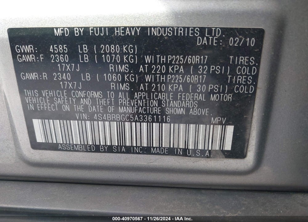 2010 SUBARU OUTBACK 2.5I PREMIUM VIN: 4S4BRBGC5A3361116