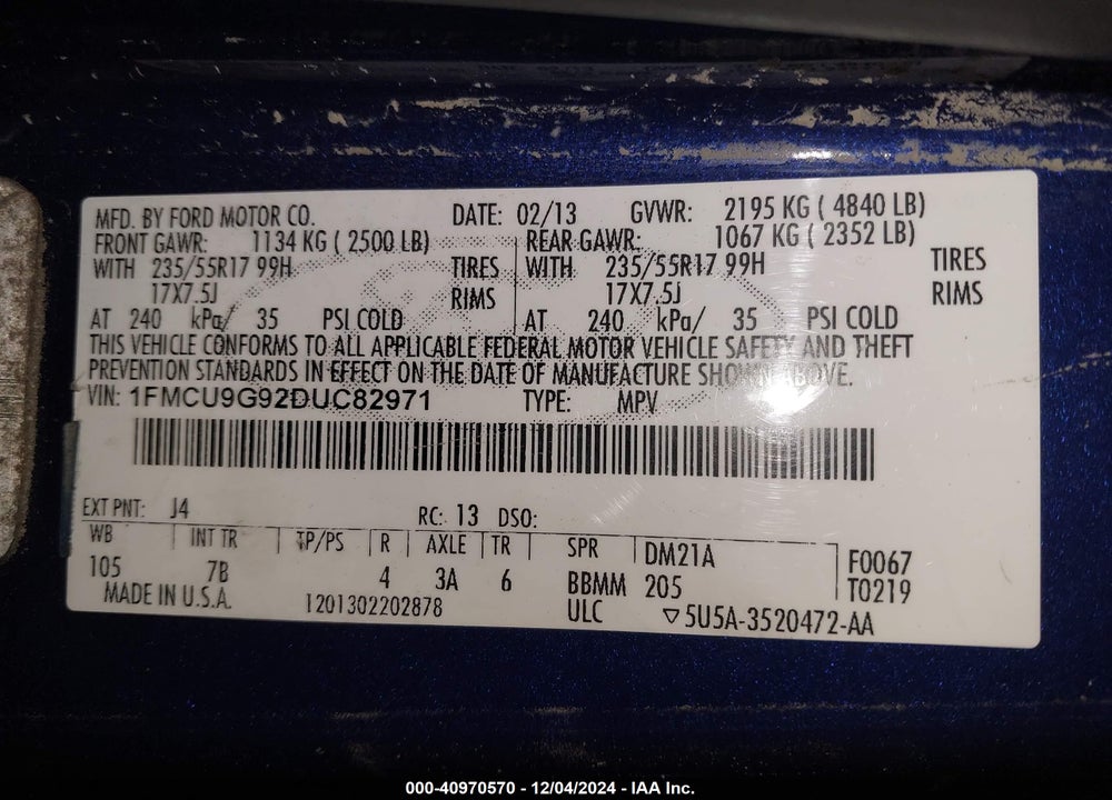 2013 FORD ESCAPE SE VIN: 1FMCU9G92DUC82971