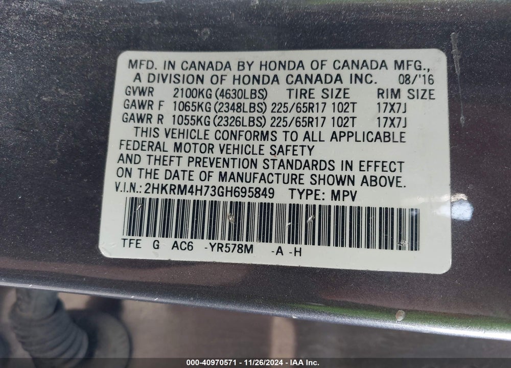 2016 HONDA CR-V EX-L VIN: 2HKRM4H73GH695849