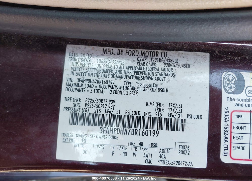 2011 FORD FUSION SE VIN: 3FAHP0HA7BR160199