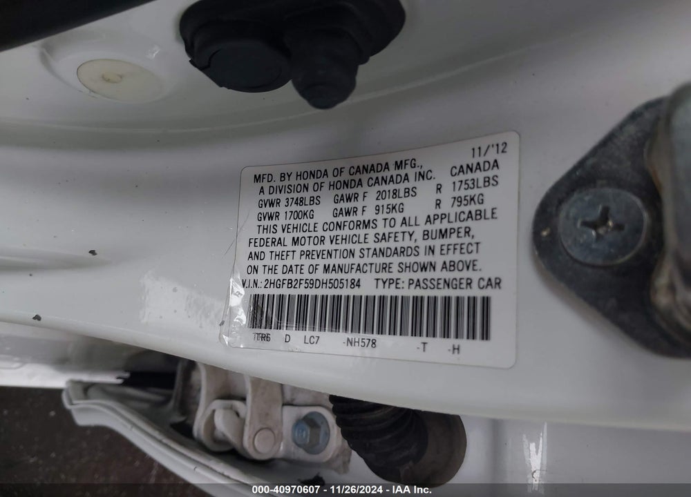 2013 HONDA CIVIC LX VIN: 2HGFB2F59DH505184