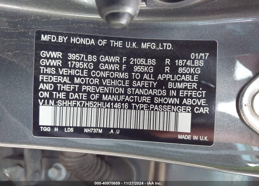 2017 HONDA CIVIC EX VIN: SHHFK7H52HU414616