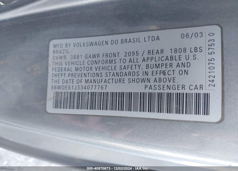 2003 VOLKSWAGEN GTI 1.8T VIN: 9BWDE61J334077767