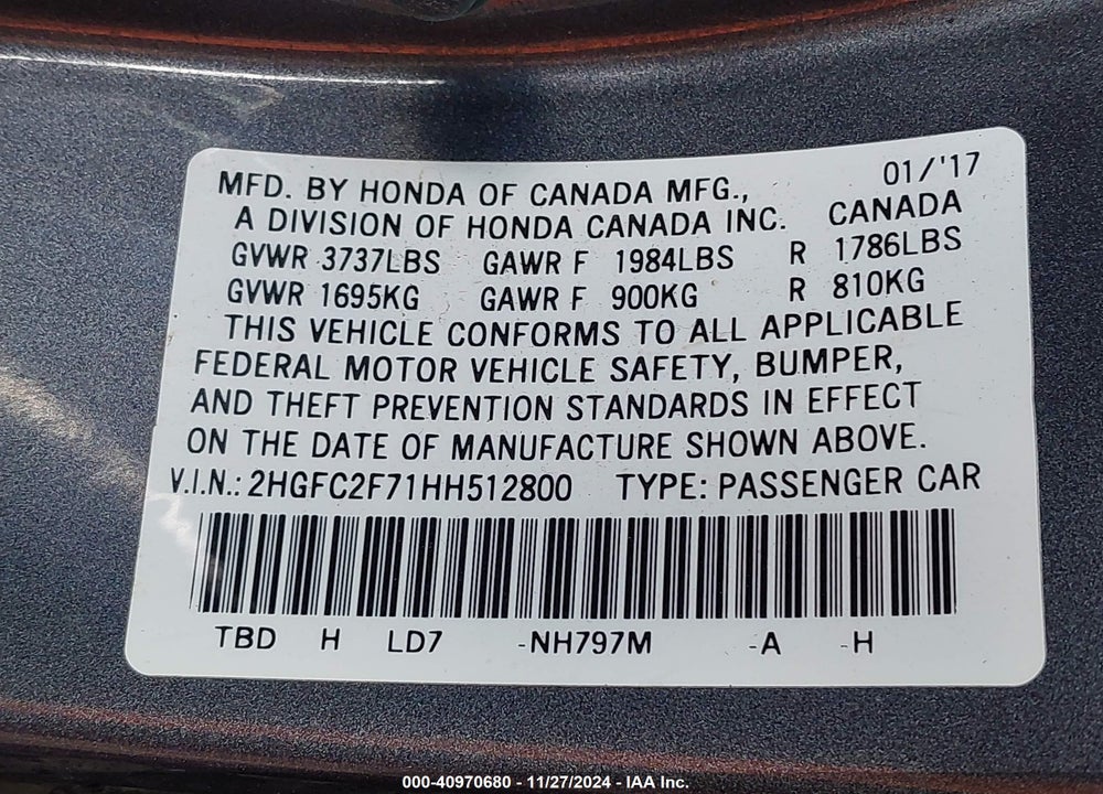 2017 HONDA CIVIC VIN: 2HGFC2F71HH512800