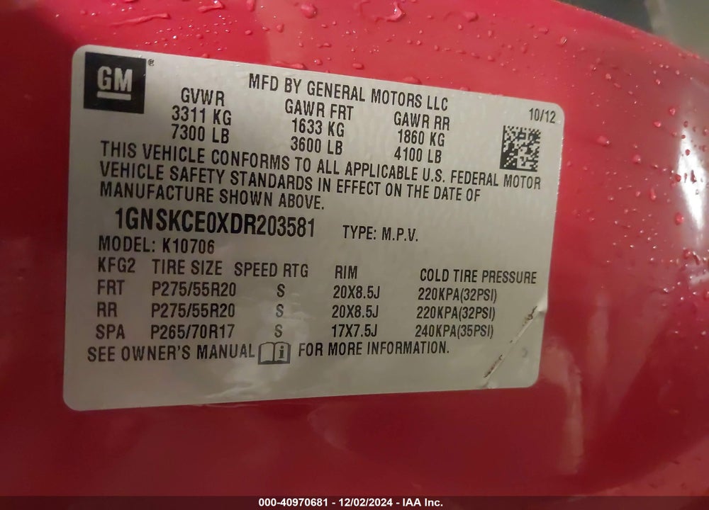 2013 CHEVROLET TAHOE LTZ VIN: 1GNSKCE0XDR203581