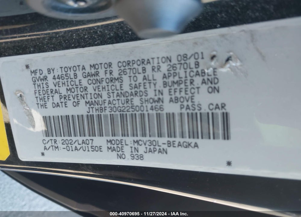 2002 LEXUS ES 300 VIN: JTHBF30G225001466