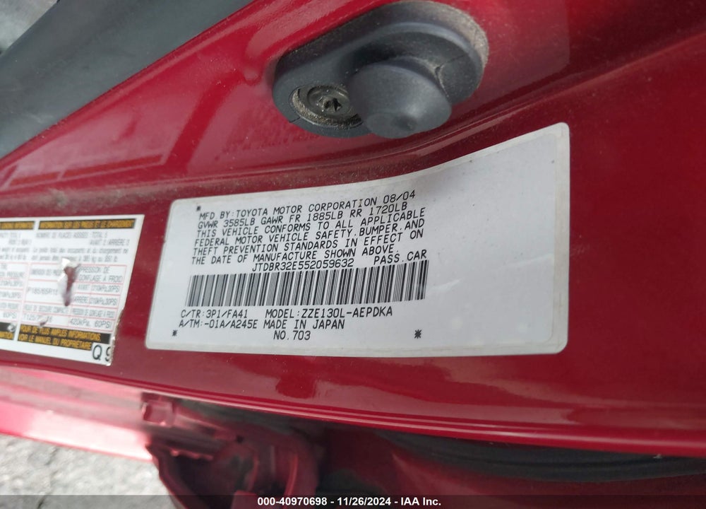 2005 TOYOTA COROLLA VIN: JTDBR32E552059632
