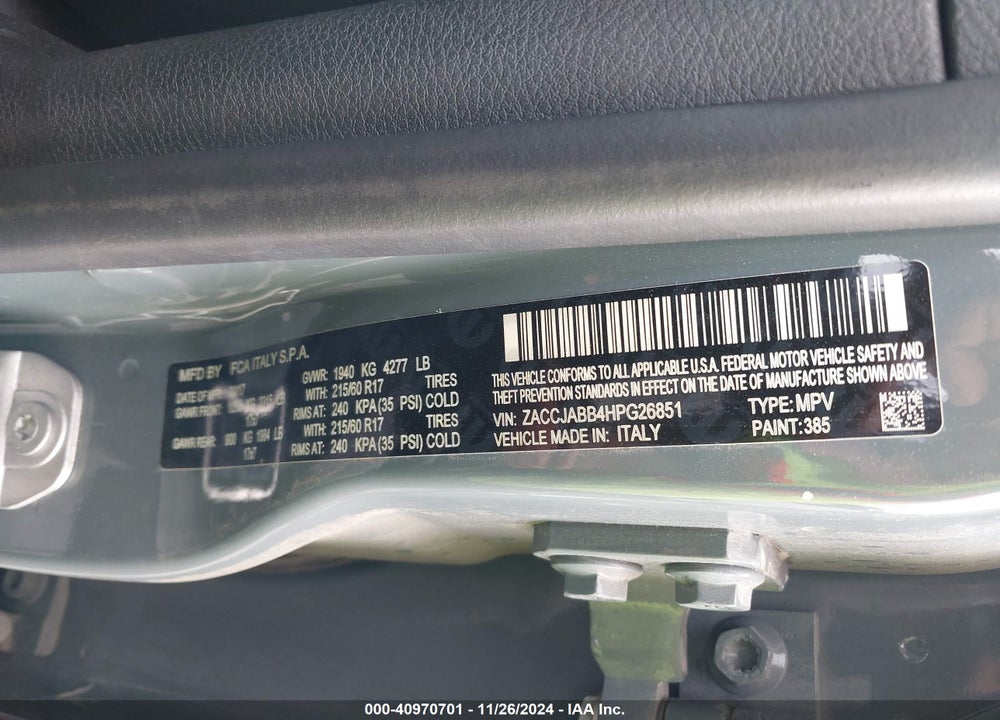 2017 JEEP RENEGADE LATITUDE FWD VIN: ZACCJABB4HPG26851