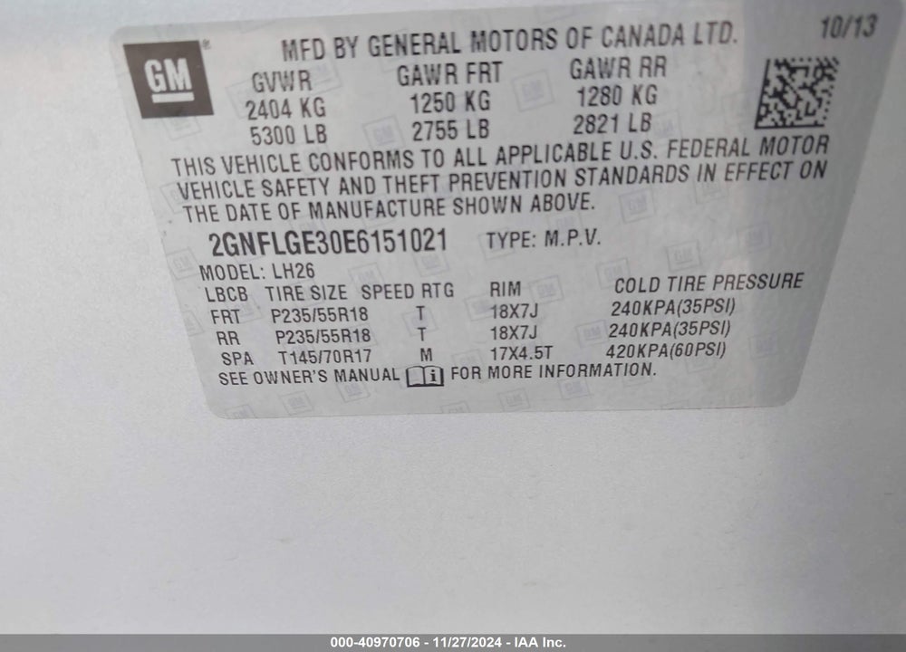 2014 CHEVROLET EQUINOX 2LT VIN: 2GNFLGE30E6151021