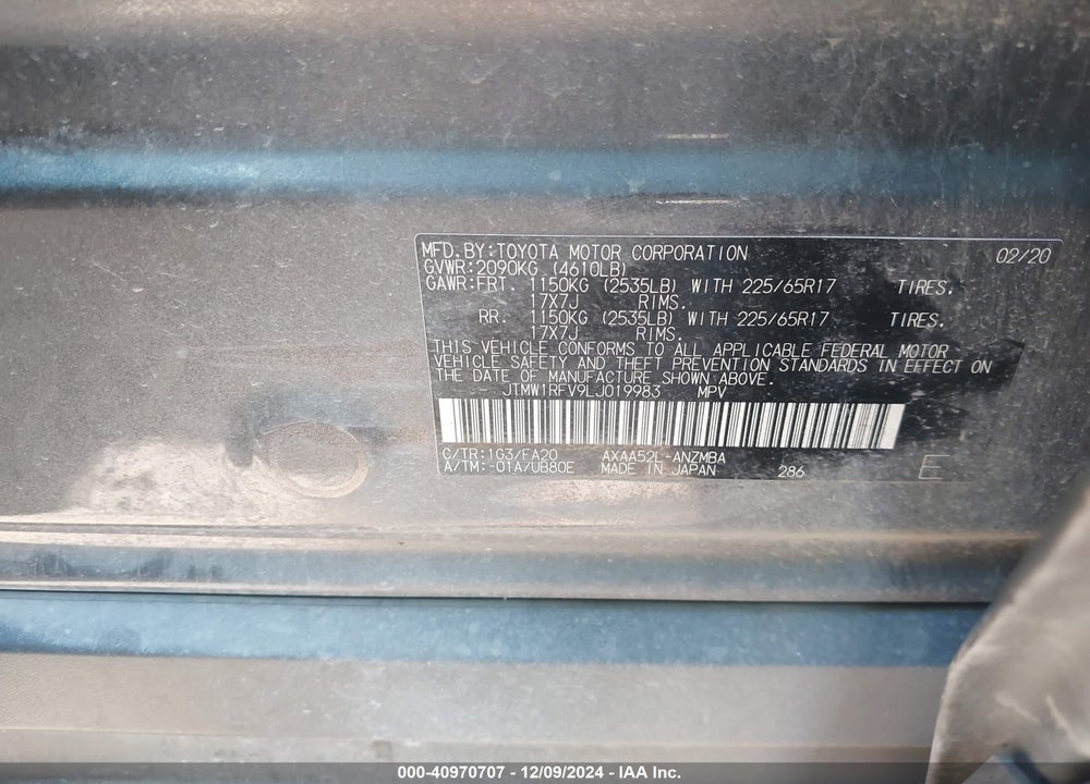 2020 TOYOTA RAV4 XLE VIN: JTMW1RFV9LJ019983