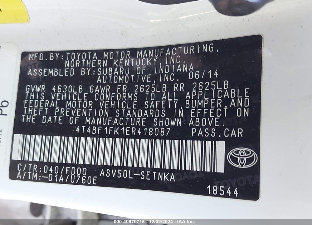 2014 TOYOTA CAMRY LE VIN: 4T4BF1FK1ER418087