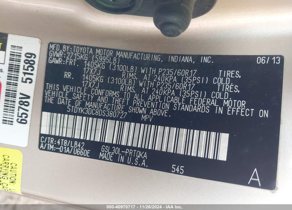 2013 TOYOTA SIENNA XLE LIMITED VIN: 5TDYK3DC8DS380727