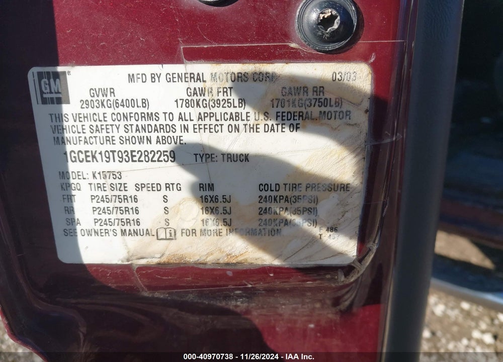 2003 CHEVROLET SILVERADO 1500 LS VIN: 1GCEK19T93E282259