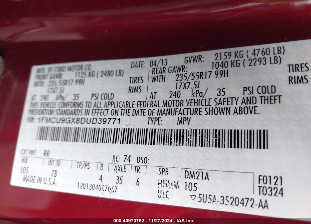 2013 FORD ESCAPE SE VIN: 1FMCU9GX8DUD39771