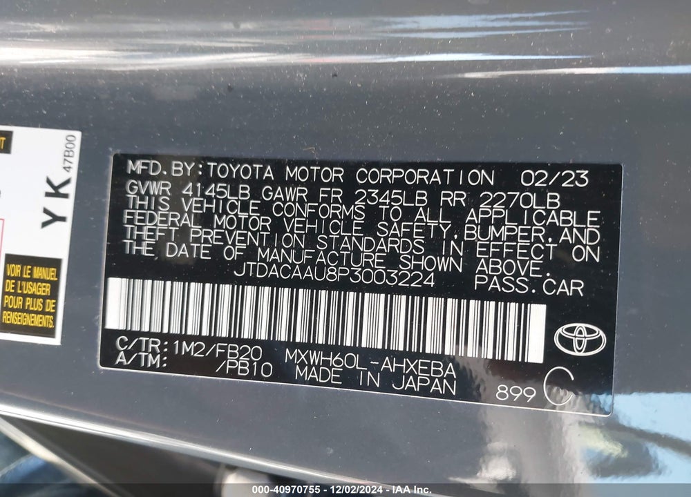2023 TOYOTA PRIUS LE VIN: JTDACAAU8P3003224