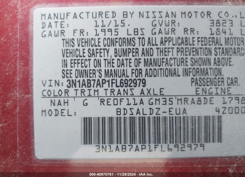 2015 NISSAN SENTRA SV VIN: 3N1AB7AP1FL692979
